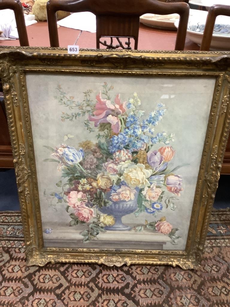 A*F*W*, watercolour, Still life of mixed flowers in an urn, initialled, 69 x 57cm